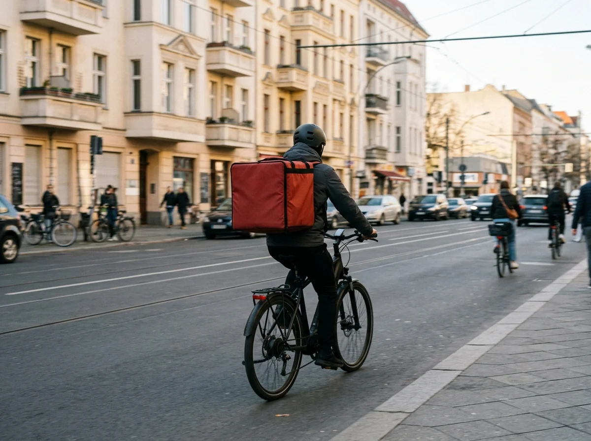 Fahrradkurier mit roter Thermobox auf dem Gepäckträger unterwegs auf einer Berliner Straße